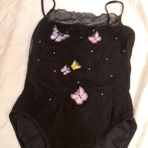 Black Butterfly Embroidered And Rhinestones One-Piece Swimsuit